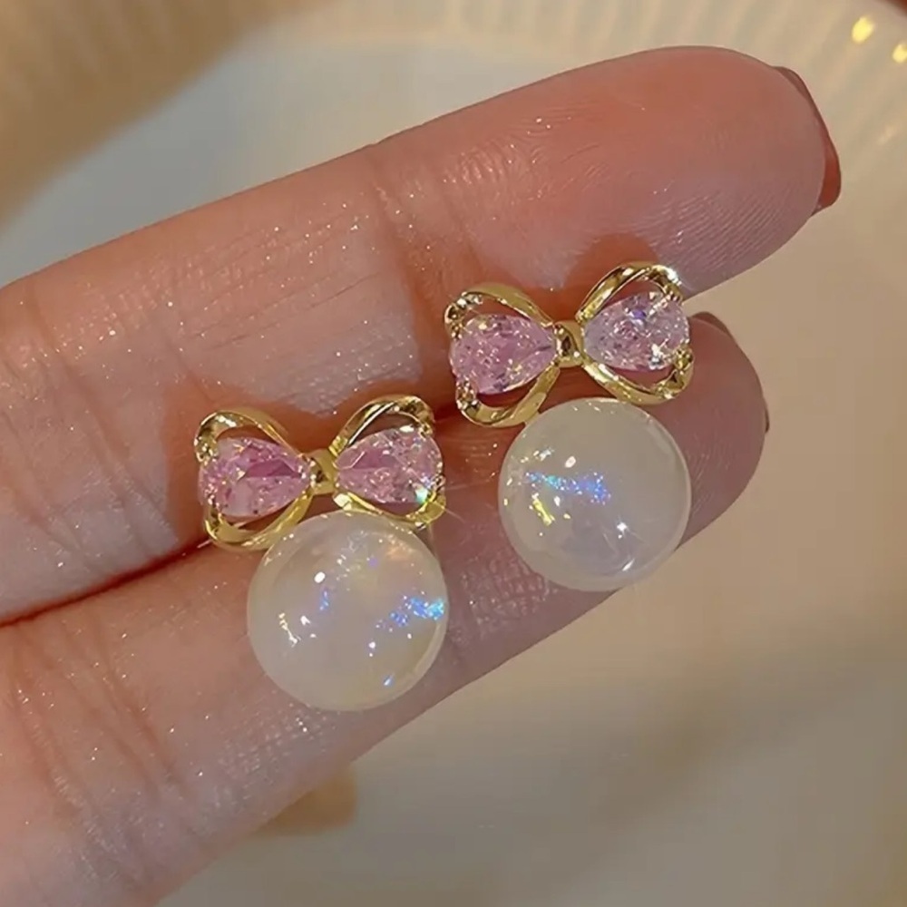 NEW! Elegant Pink and White Bow Christmas Ball Earrings. A5-166